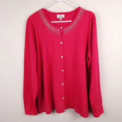 Quacker Factory Cardigan Women's XL Pink Sweater Bead Gem Stones Cotton Acrylic - Image 1 of 4