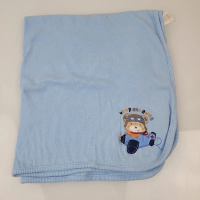 Just Born Up Up And Away Baby Boy Cotton Thermal Waffle Blanket Blue Bear Plane - Image 1 of 4