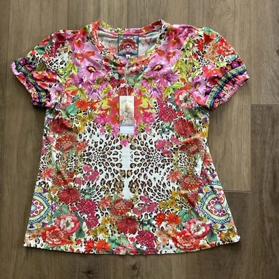 NUEVO CON ETIQUETAS Camiseta Johnny Was, Wild Garden, Manga Corta, Talla L, Rosa Foto 1 de 4