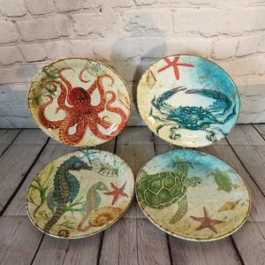 Pier One 1 Imports Set 9" Melamine Sea Life Plates Crab Turtle Seahorse Octopus - Picture 1 of 7