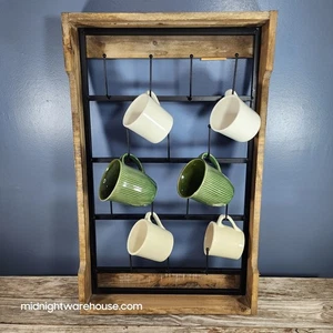 Mug Rack Cup Holder + 14 Hooks Wall Mount Modern Farmhouse Style Wood & Metal - Picture 1 of 10