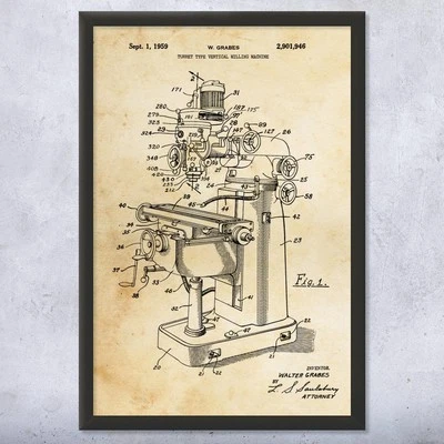Vertical Milling Machine Patent Wall Art Poster, Canvas or Framed Dad Gift - Image 1 of 4