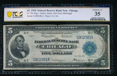 AC Fr 794 1918 $5 FRBN Chicago PCGS 35 comment - Image 1 of 2