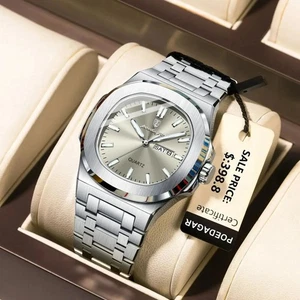POEDAGAR Men's Square Luxury Quartz Watch Stainless Steel Waterproof Luminous We - Picture 1 of 27