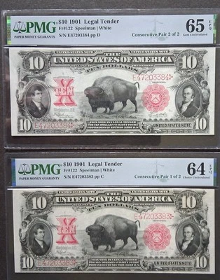 1901 $10 BISON - Consecutive Pair - 64 EPQ & 65 EPQ - EXTREMELY RARE PAIR - Image 1 of 4