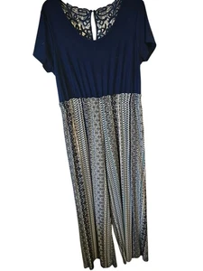 Ladies One Piece Jumpsuit Dk Blue and Brown With Floral Stripes By Just Be XL - Picture 1 of 4
