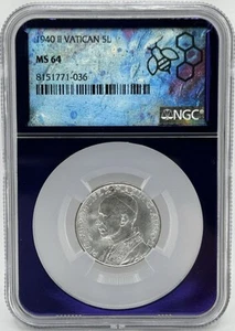 1940 II Vatican 5L Lire - NGC MS64 Nice Luster - Picture 1 of 5