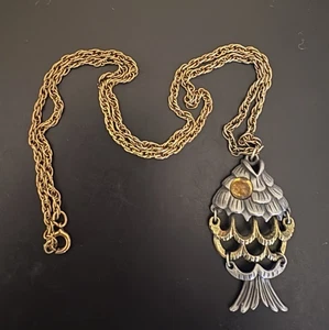 Collar Colgante Pez Articulado Ojo Gripoix Tono Plata y Oro Vintage - Imagen 1 de 5