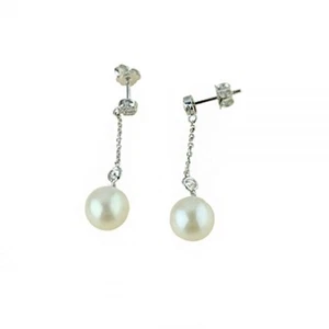 White Gold Earrings 18k Hanging with Pearls and Zircons - Picture 1 of 1