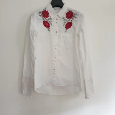 Zara Embroidered Top Size M White Collared Shirt Long Sleeve Floral Cottagecore - Image 1 of 4