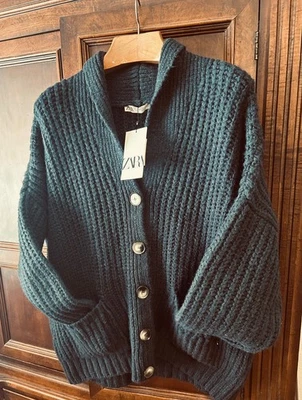 Cardigã Zara Heavy Warm Charcoal L feminino suéter com botões novo com etiquetas - Imagem 1 de 4