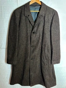 NICE!VTG HARRIS TWEED HANDWOVEN WOOL CHECK GREY BROWN MULTI OVERCOAT +LINER*44 L - Picture 1 of 8
