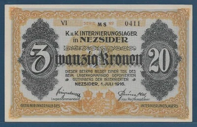 奥地利 匈牙利 帝国 第一次世界大战战俘营 Nezsider 20 克罗宁,1916 年,未流通  — 第 1/2 张图片