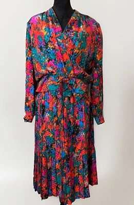 Conjunto Traje Falda Seda Raúl Blanco Años 80 Vintage Talla 10 Multicolor Floral Plisado Foto 1 de 4