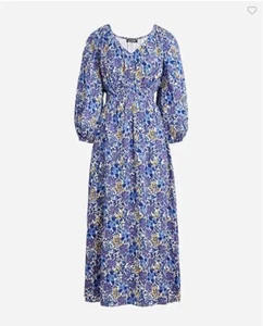 New Women J Crew Midi Dress Smocked Long Sleeve V-neck Sz S BlueYellow Floral - Picture 1 of 4