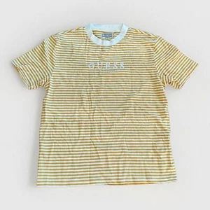 Guess Originals Shirt Men's M Yellow Striped Tee Embroidered Script Logo Retro - Picture 1 of 7