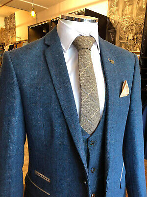 Men's Blu Tweed Slim Fit Tuta 3 PEZZI SMOKING Sposo Abito Formale DUCHE 36-52R • 117.14€