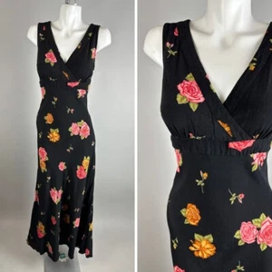 Vtg 90s Sue Wong Black Pink Rose Rayon Slinky Romantic Dress Size Large Fairy - Picture 1 of 6