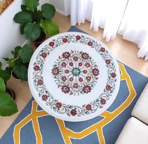 24" White Round Marble Coffee Table Carnelian Stone Floral Inlay Arts Home Decor - Picture 1 of 7
