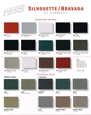 1998 OLDSMOBILE BRAVADA / СИЛУЭТ цвет чип диаграмма краски брошюра с кожи - Изображение 1 из 3