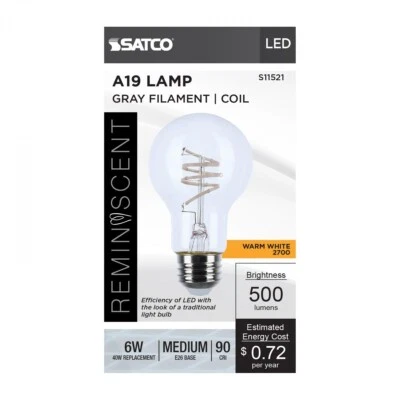 Satco S11521 - 6 Watt LED A19 Gray Coil Vintage Bulbs - 2700K (2,6, or 12 PK) - Image 1 of 4