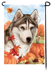 Falling Leaves Garden Flag - Blue-Eyed Grey and White Siberian Husky - Picture 1 of 1