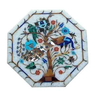 Bird Pattern Inlay Work Coffee Table Top White Marble Bedside Table for Home Dec - Image 1 of 4