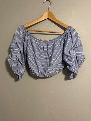 Alice + Olivia Womens Magnolia Crop Top Size Small Blue Striped Off the Shoulder - Изображение 1 из 4