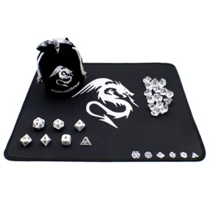 DnD Rollenspiel Metall Würfel Set mit Spielmatte, Würfeltasche und Zähler - Weiß - Bild 1 von 6