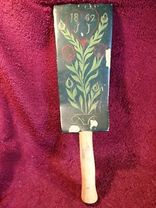 ANTIQUE dated 1862 HANDPAINTED DECORATED WOOD TOOL BEATER  SWEDEN SWEDISH - Picture 1 of 7