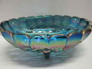 Große ovale Obstschale mit Glasfuß irisierend blau 12"x 8 1/2" Trauben & Blätter - Bild 1 von 10