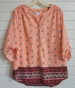 Croft & Barrow Peach Coral Print Blouse Size Large Lightweight Womens Top - Picture 1 of 8