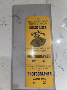 San Francisco 49ers vs Detroit Lions 11/5/61 Photographer Field Pass RARE Kezar - Picture 1 of 3