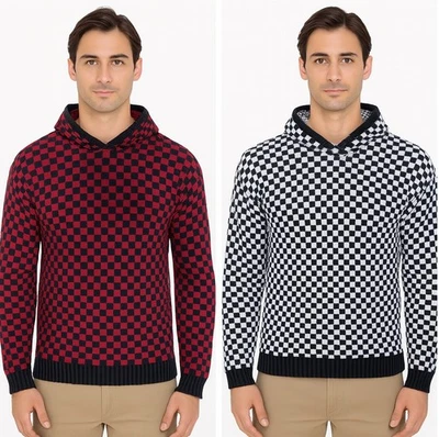 Knitted Jumper Hoody Red Black Chequered Hooded Goth Retro Punk Sweater - Image 1 of 2