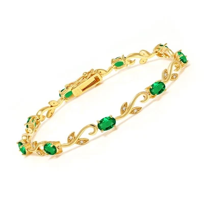 18K Yellow Gold Plated Silver Simulated Emerald Diamond Greek Vine 7 Inch - Image 1 of 4