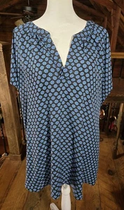 Roz & Ali Tunika Oberteil Damen 3X blau schwarz geometrisches Muster Kurzarm V-Ausschnitt gebraucht, in einwandfreiem Zustand - Bild 1 von 15