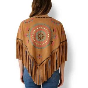 Scully Tan Fringe Embroidered Poncho Jacket Studded Western Boho Festival Medium - Picture 1 of 12