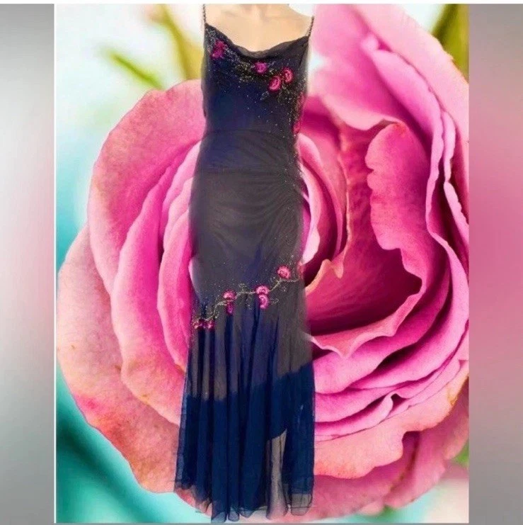 Vestido de graduación gótico superpuesto de malla con cuentas Xscape 100 % seda años 90 vintage para mujer talla 12 Foto 1 de 4