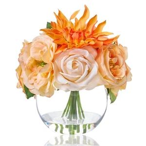 Artificial Flowers in Glass Vase. Silk Rose Flower Arrangements with Vase wit... - Picture 1 of 7