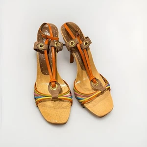 BCBGirls Wood Heels Sandals Size 8.5 Leather Rainbow Strappy Brazil Sexy - Picture 1 of 8