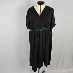 Bloomchic Dress Women's 3X Wrap Short Sleeve V-Neck Black Green Sequins NWT - Picture 1 of 9