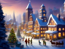 Christmas Village Scene City Skyline Towers Snow Trees Painting Poster Art Print