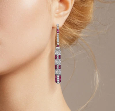 Featuring Mesmerizing Geometric Patterns Lab-Created Diamonds & Ruby Earrings - Image 1 of 4