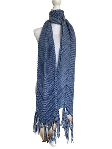 Arizona Jeans Co Blue Knitted Scarf Fringe Feathers Western - Picture 1 of 8