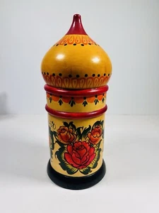 Vintage Hand Painted USSR Cylindrical Wood Covered Container Onion Dome House 8” - Picture 1 of 8