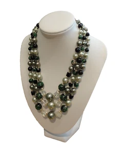 Green Mint Gray Crystal Bead Three Multi Strand Vintage Necklace Beautiful! - Picture 1 of 8