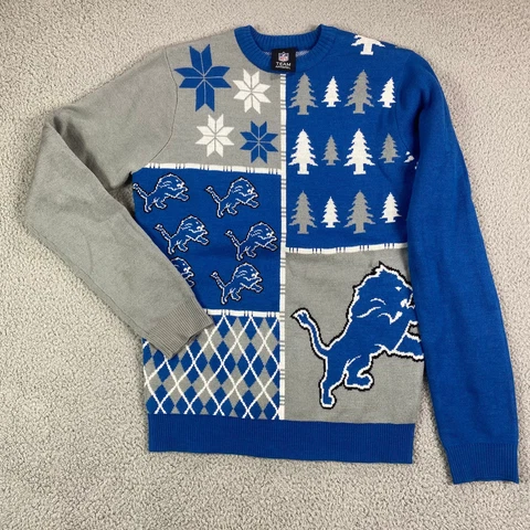 Detroit Lions Sweater Medium Blue Long Sleeve Crew Neck Ugly Sweater Reebok Cover