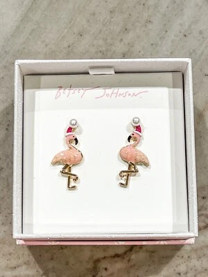 Betsey Johnson Christmas Flamingo Santa Pink Stud Earrings NIB 1.25” Whimsical - Image 1 of 2