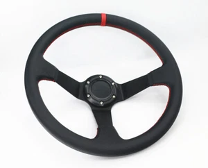 DEEP DISH 350MM 6 HOLE LEATHER SP RED Stitch Racing Sport Steering Wheel & Horn - Picture 1 of 6