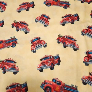 1 yd Local Heroes Liz Goodrick Dillon VIP Vintage Fire Trucks on Tan - Picture 1 of 3